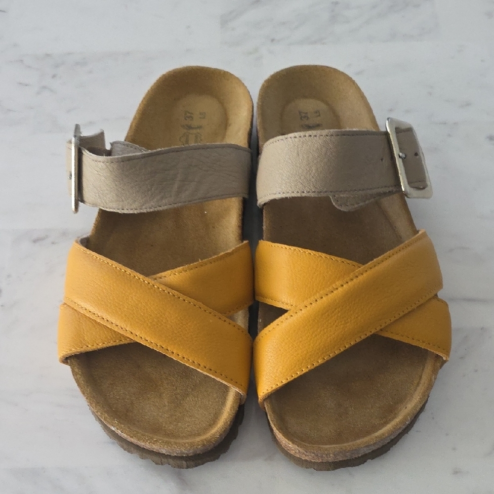 Naot Yellow and Tan Leather Sandals - Picture 3 of 9